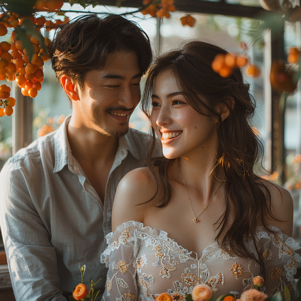 Glückliches asiatisches Paar, das sich gegenseitig anschaut | Midjourney