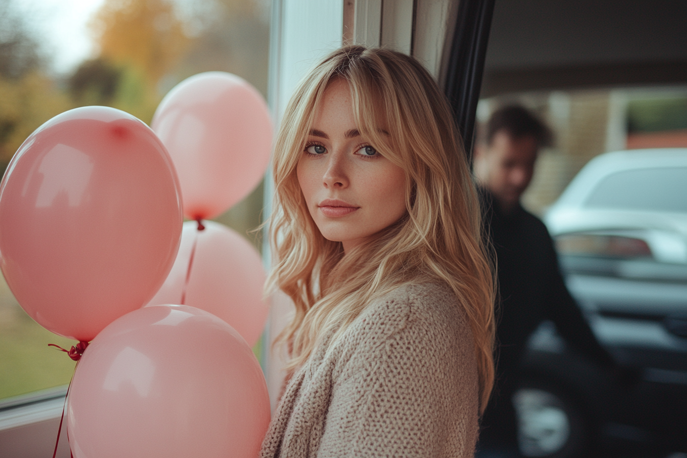 Eine ernste Frau steht an der Tür und hält Luftballons in der Hand. Im Hintergrund öffnet ein Mann den Kofferraum eines Autos und ist mit dem Ausladen beschäftigt. | Quelle: Midjourney