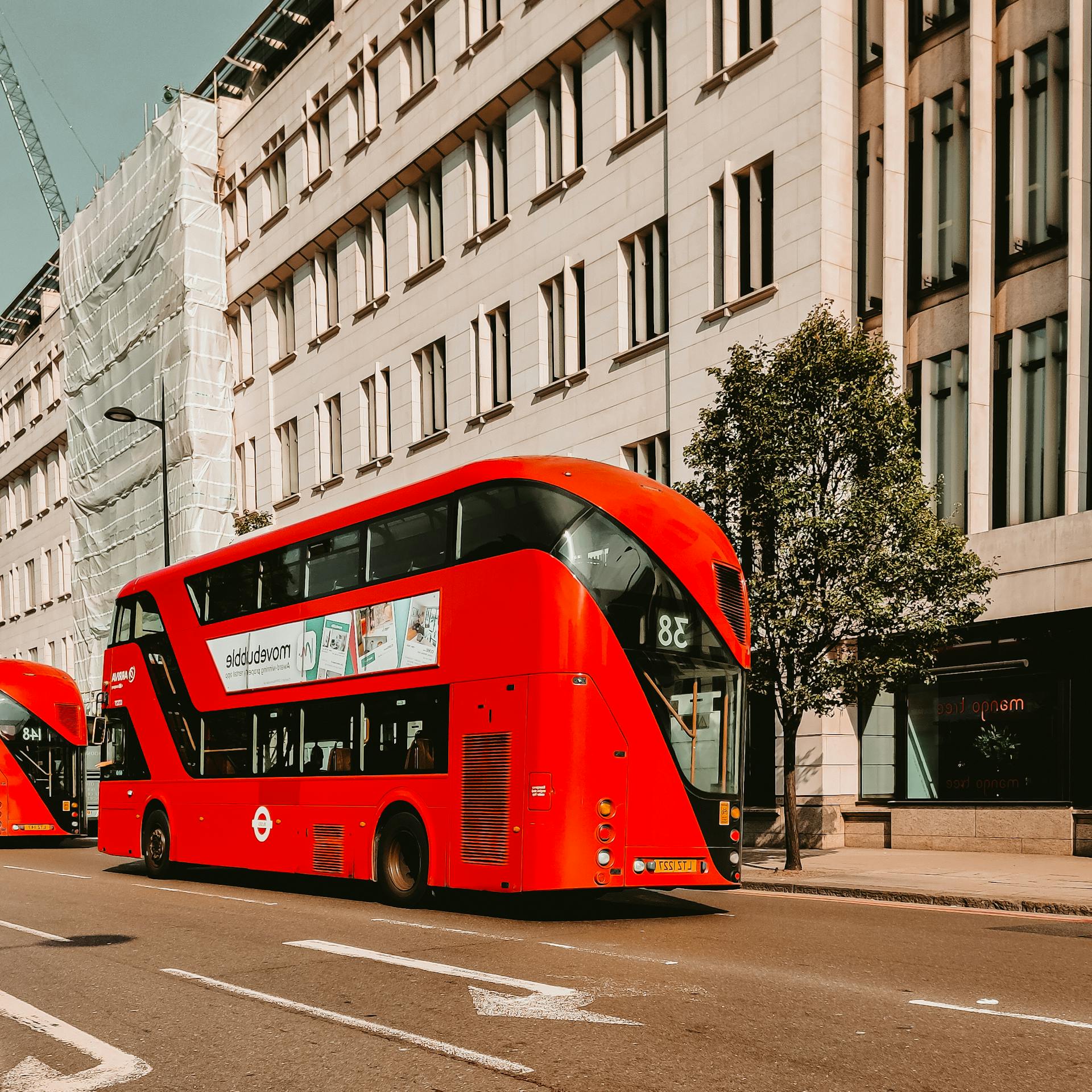 Ein roter Doppeldeckerbus fährt durch eine Straße in der Stadt | Quelle: Pexels