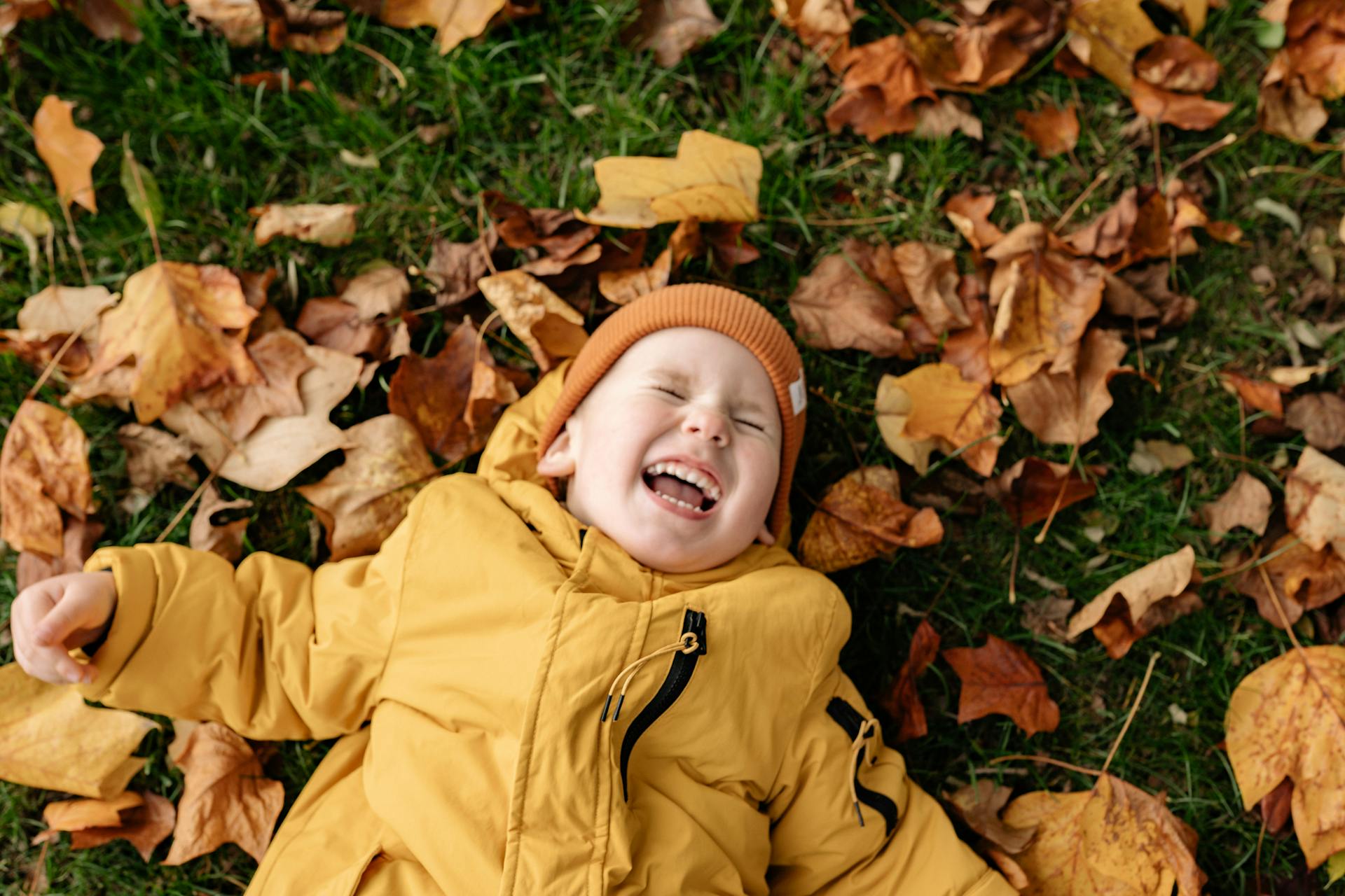 Ein kleiner Junge liegt im Gras, bedeckt mit Herbstblättern und lacht | Quelle: Pexels