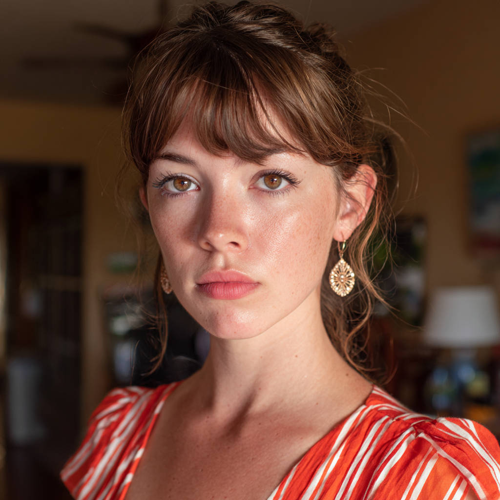 Eine nachdenkliche Frau in einem gestreiften Kleid | Quelle: Midjourney