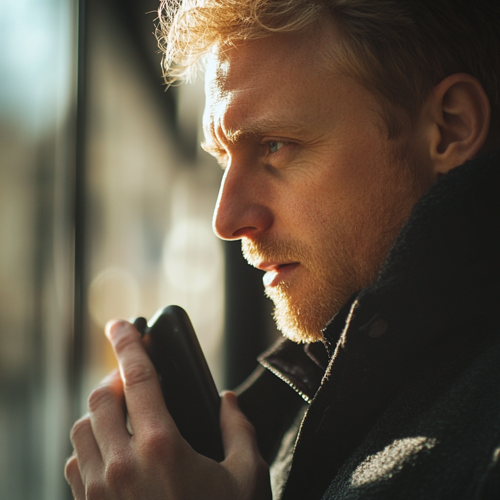 Ein ernster Mann, der mit seinem Telefon spricht | Quelle: Midjourney