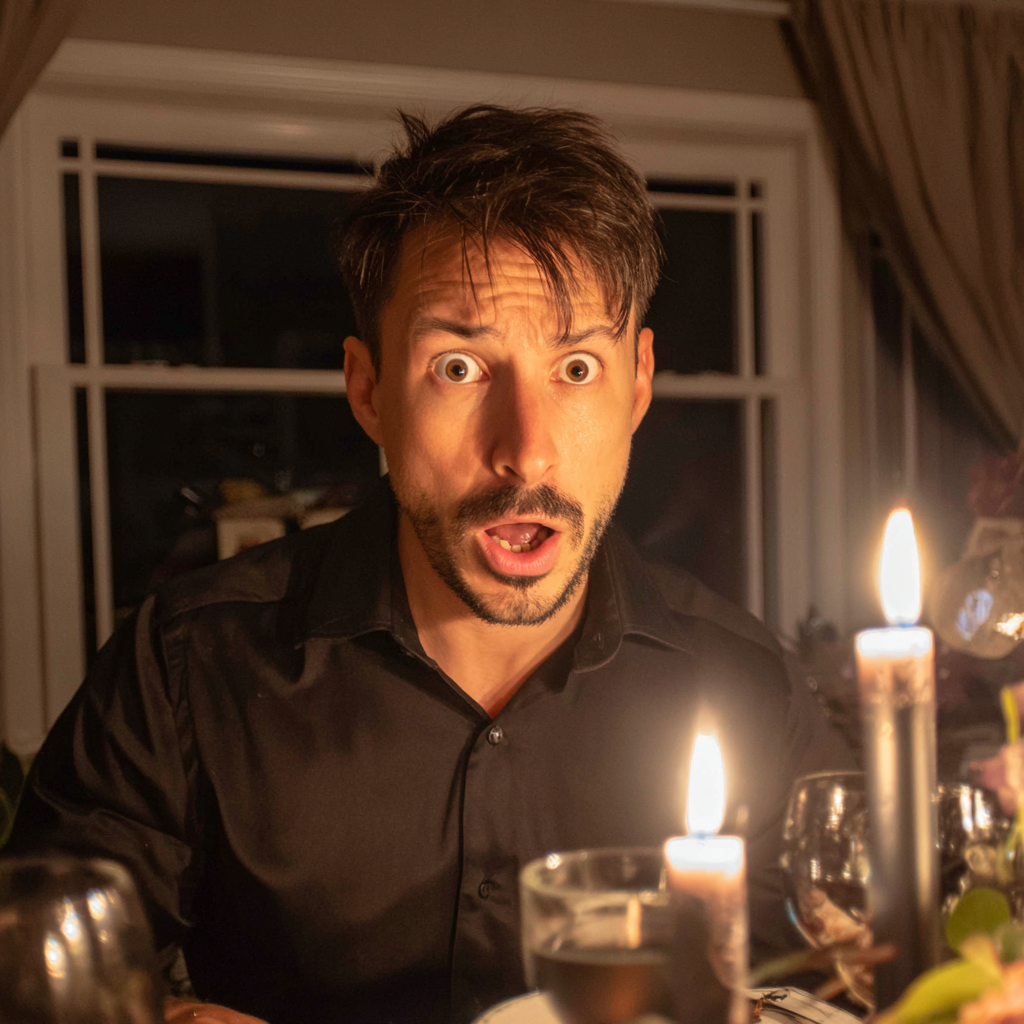 Zszokowany mężczyzna w czarnej koszuli | Źródło: Midjourney