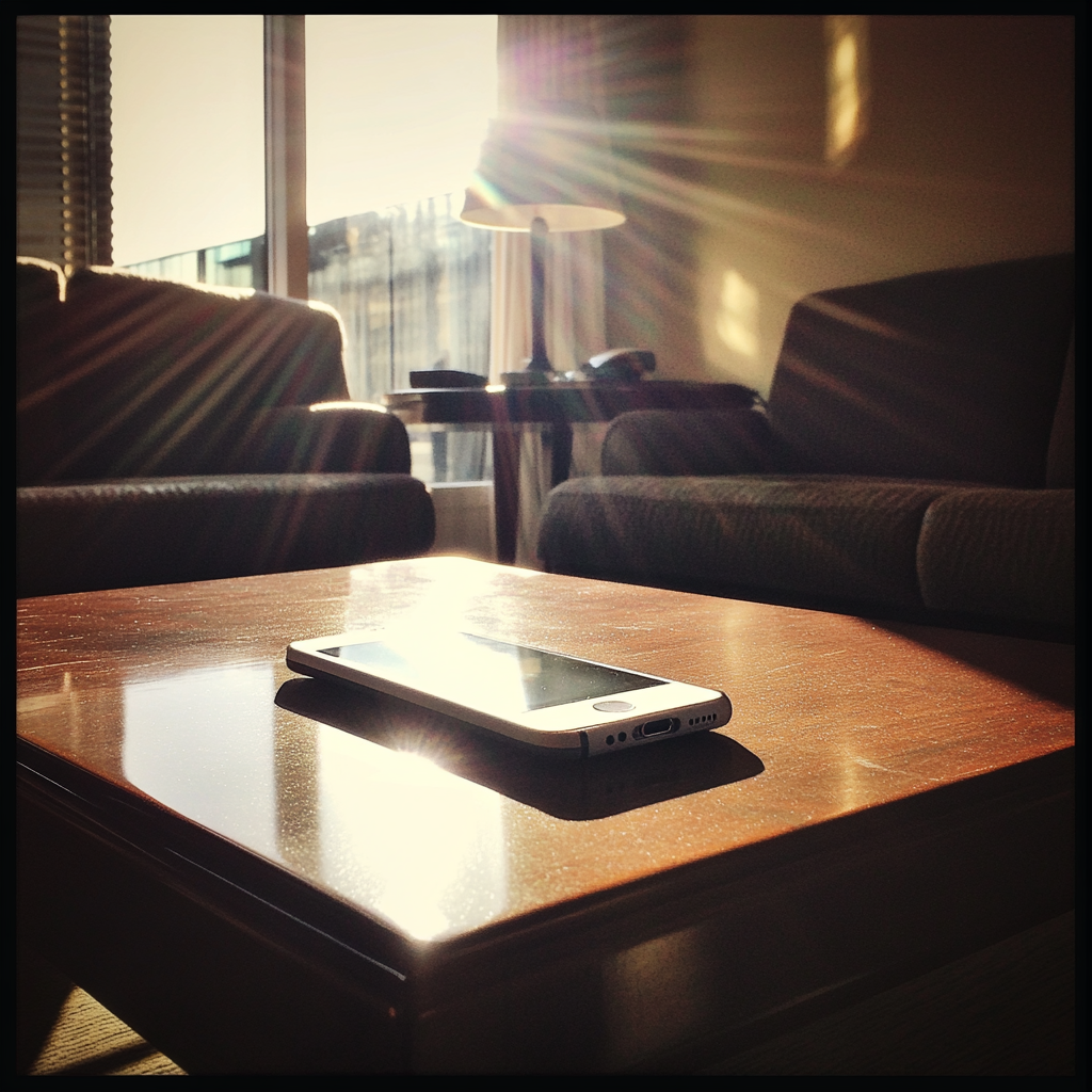 Ein Mobiltelefon auf einem Couchtisch | Quelle: Midjourney