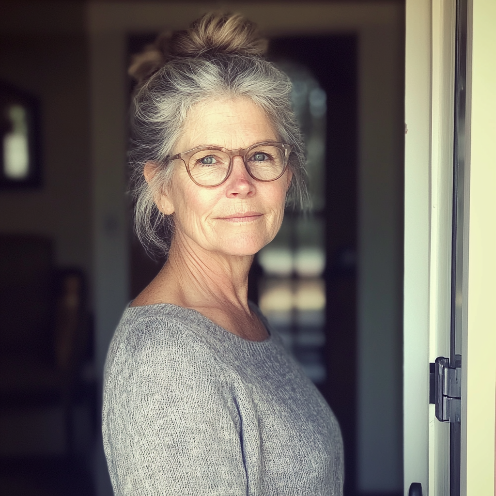 Eine alte Frau, die in einem Hauseingang steht | Quelle: Midjourney