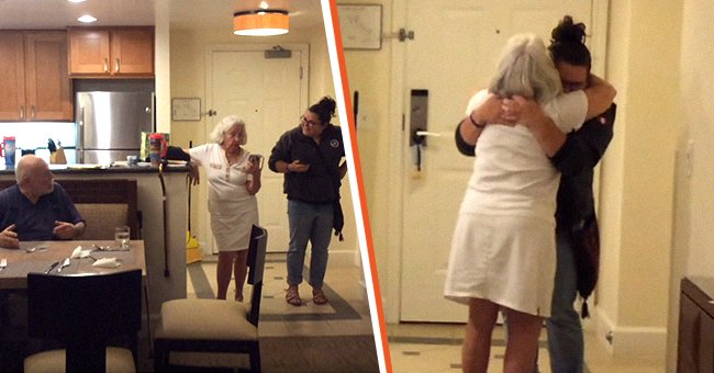 Eine Enkelin versucht, ihre Großeltern zu überraschen [links];  Eine Enkelin umarmt ihre Großmutter [rechts]. | Quelle: Facebook.com/LightWorkersOfficial