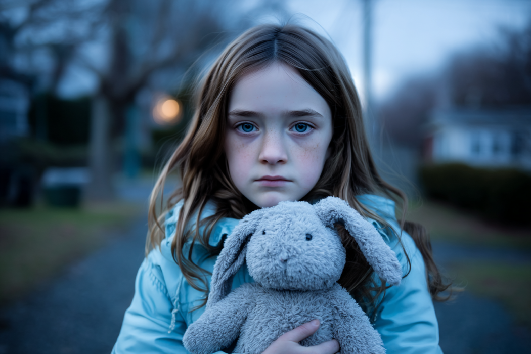 Ein trauriges Mädchen hält ihr ausgestopftes Kaninchen | Quelle: Midjourney