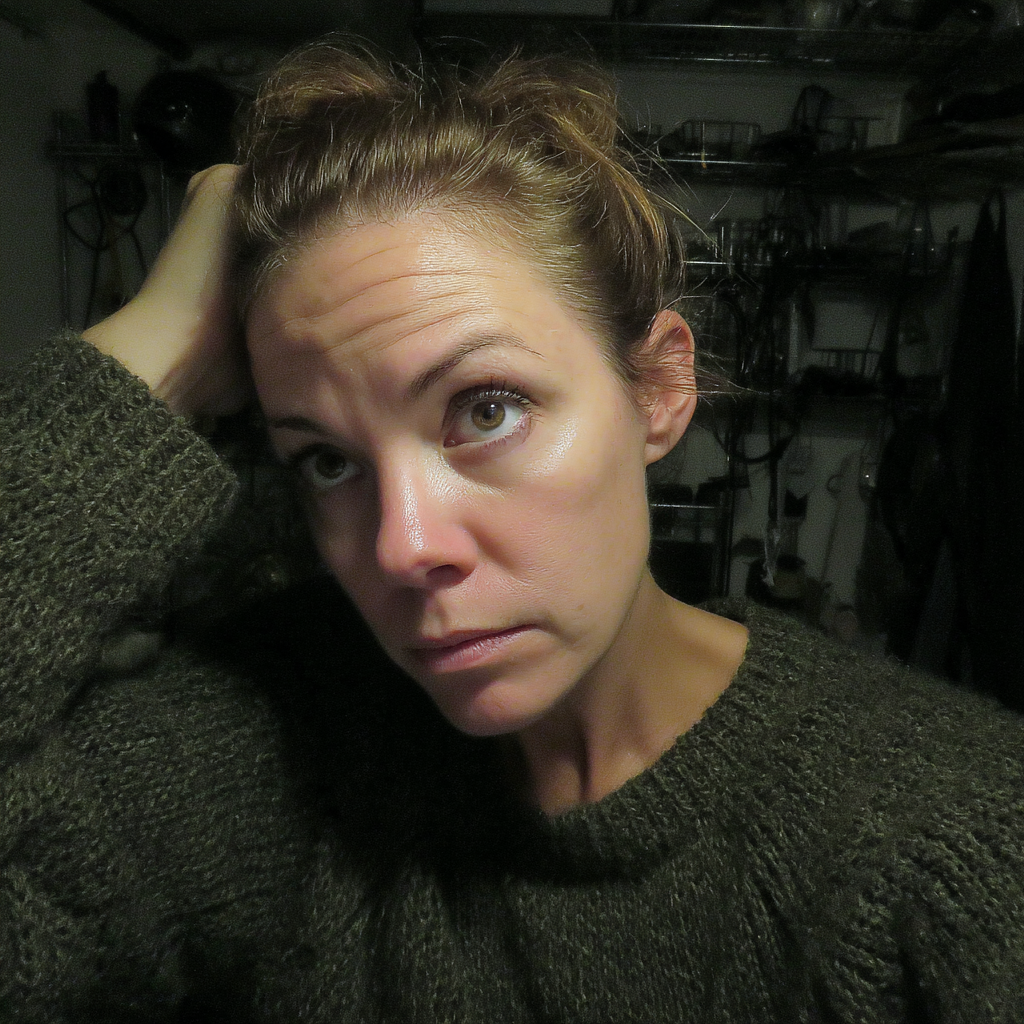 Eine aufgebrachte Frau, die mit der Hand auf dem Kopf steht | Quelle: Midjourney