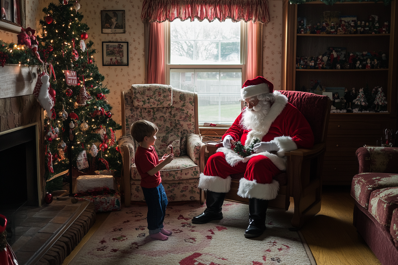 Der Weihnachtsmann sitzt in einem Wohnzimmer und spielt mit einem Jungen | Quelle: Midjourney