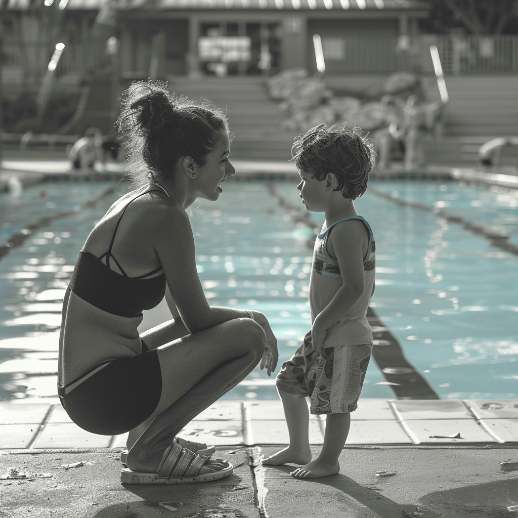 Frau spricht mit ihrem Sohn am Pool | Quelle: Midjourney