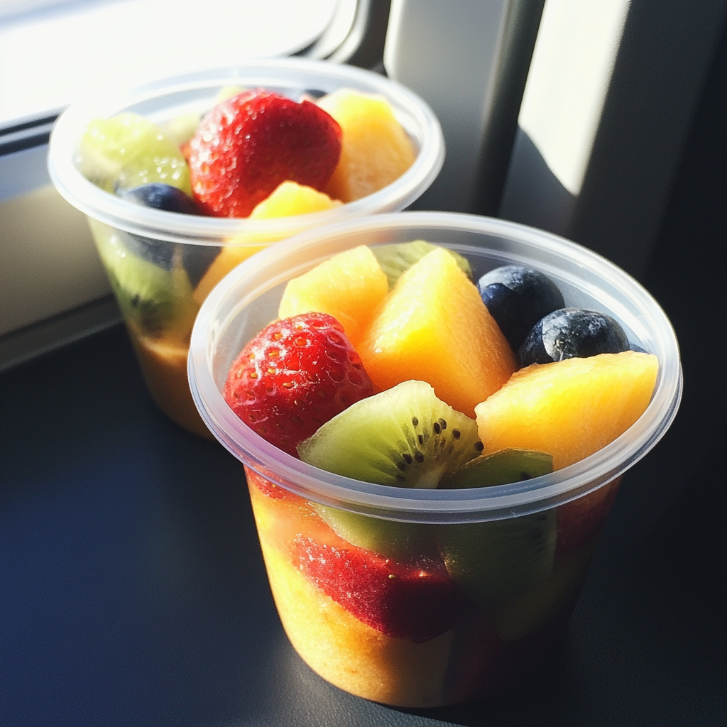 Obstbecher in einem Flugzeug | Quelle: Midjourney