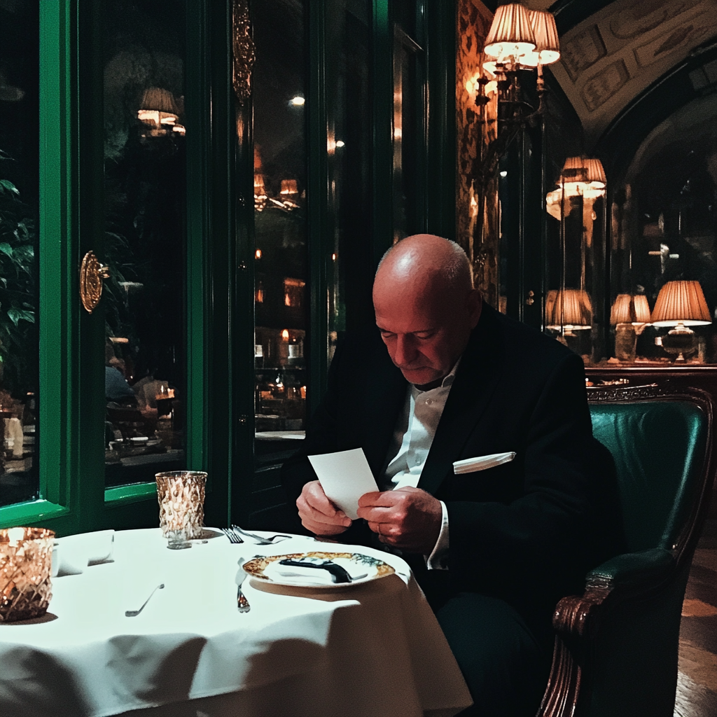 Ein Mann sitzt in einem Restaurant und hält ein Stück Papier in der Hand | Quelle: Midjourney