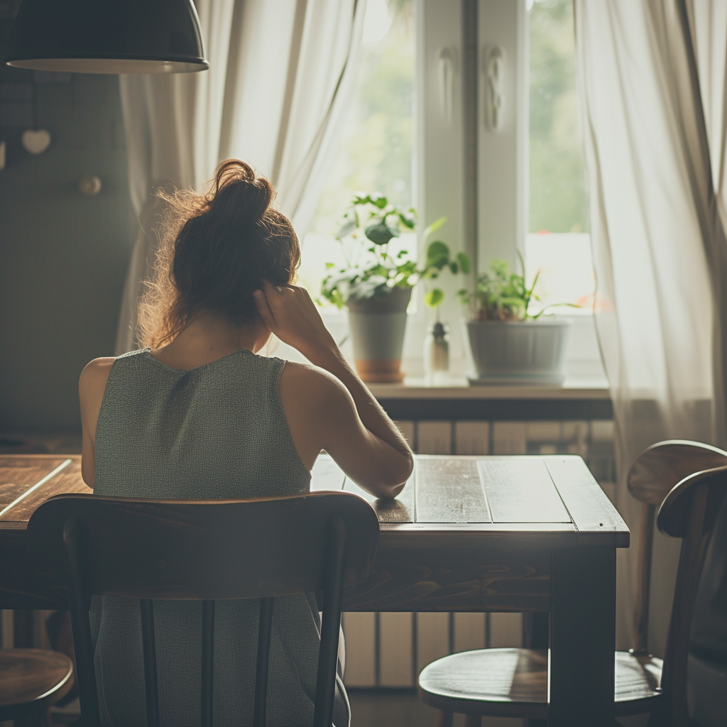 Eine aufgebrachte Frau, die an einem Tisch sitzt | Quelle: Midjourney