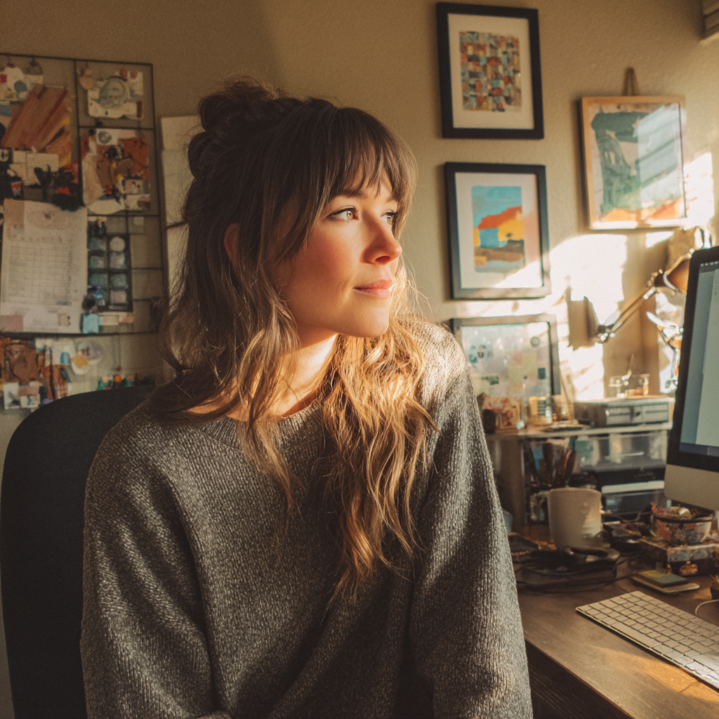 Eine Frau sitzt an ihrem Schreibtisch im Home Office | Quelle: Midjourney