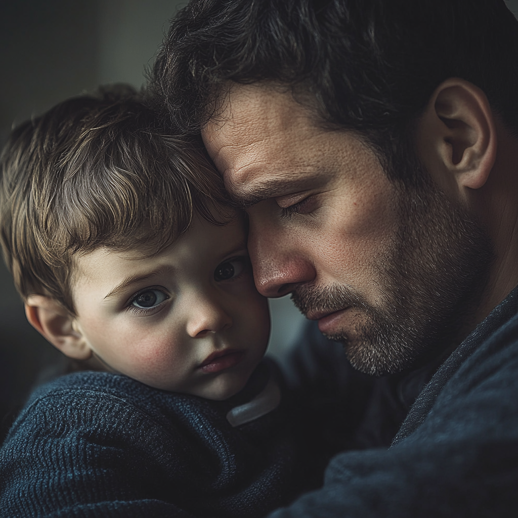 Ein erschöpfter Mann mit seinem Sohn | Quelle: Midjourney